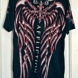 Affliction Black Short Sleeve V-Neck Tee with Red Foil & White Cross Graphic